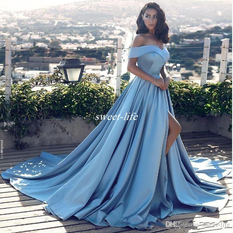 Sexy Sky Blue A Line Off the Shoulder Evening Dress Side Split Prom Dresses Satin Long Vestido Special Occasion Gowns Arabic, Silver
Sexy Sky Blue A Line Off the Shoulder Evening Dress Side Split Prom Dresses Satin Long Vestido Special Occasion Gowns Arabic, Silver