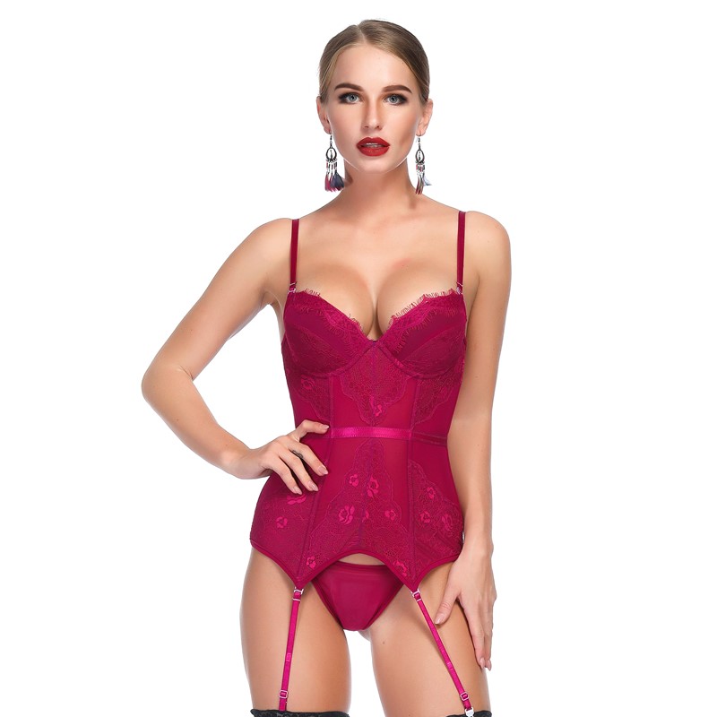 Women Sexy Gartered Push-up Bra Eyelash Lace 8pcs Plastic Fully Boned Bustier and Panty Set White Bridal Lingerie Corset Overbust Corselet