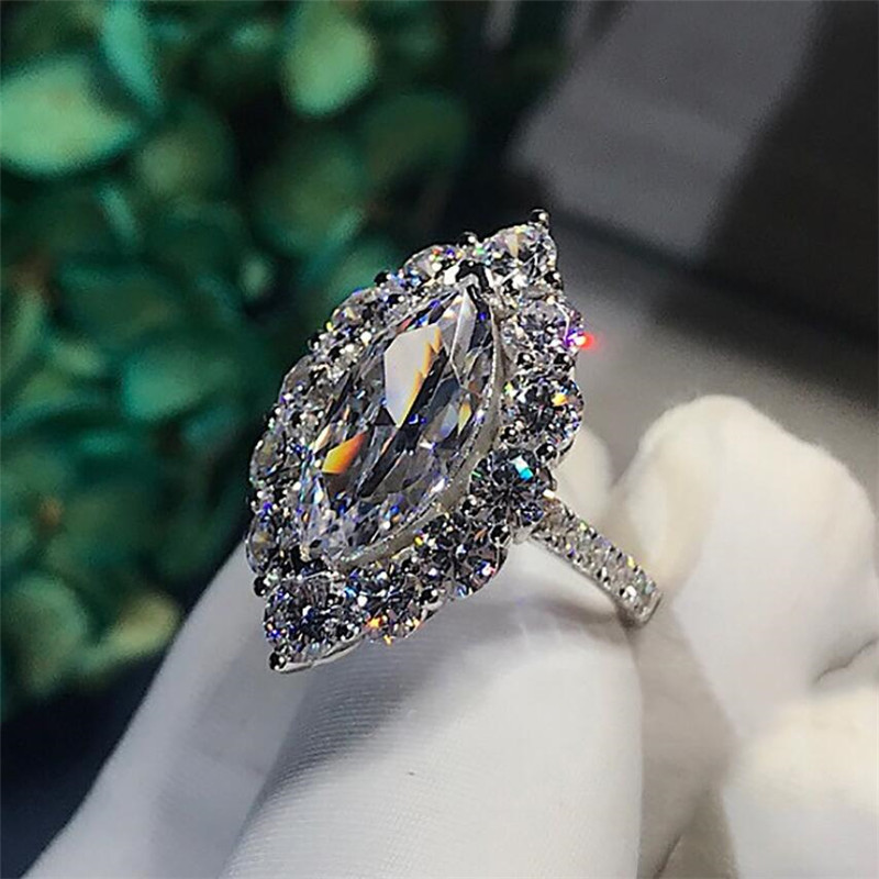 Brand New Vintage Jewelry Sparkling Luxury Jewelry 925 Sterling Silver Marquise Cut White Topaz CZ Diamond Gemstones Women Wedding Band Ring
