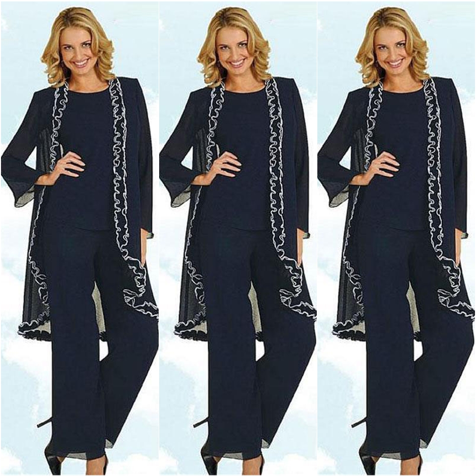 Navy Blue Mother Of The Bride Pant Suits Bateau Neck With Ruffled Jackets Formal Wedding Guest Dress Plus Size Chiffon Mothers Groom Dresses