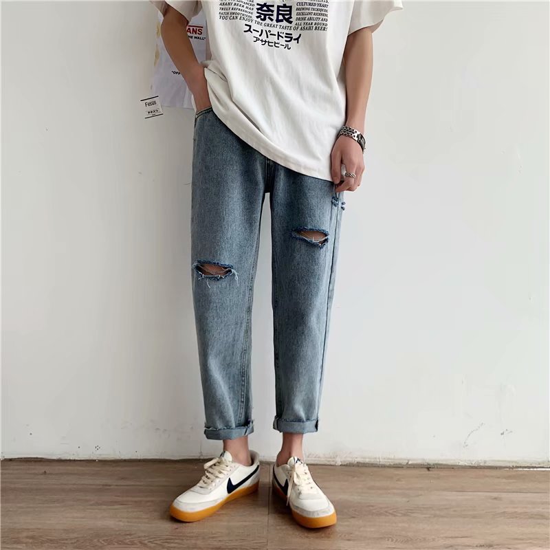 Wholesale 2020 Men' ripped trousers Cut Korean style straight cropped trousers spring summer thin youth loose trend jeans, Blue
Wholesale 2020 Men' ripped trousers Cut Korean style straight cropped trousers spring summer thin youth loose trend jeans, Blue