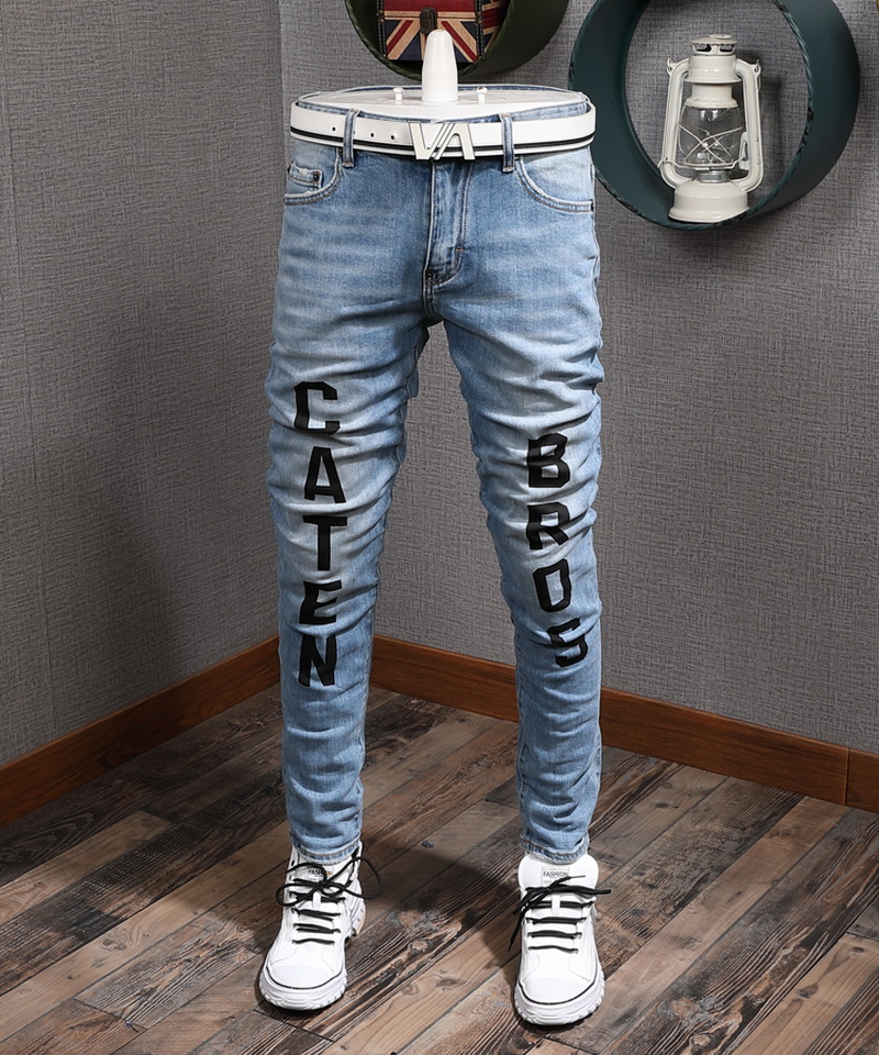 Print Distressed Blue Jeans Guy Slim Biker Fit Skinny Leg Ripped Fading Cowboy Trousers Men