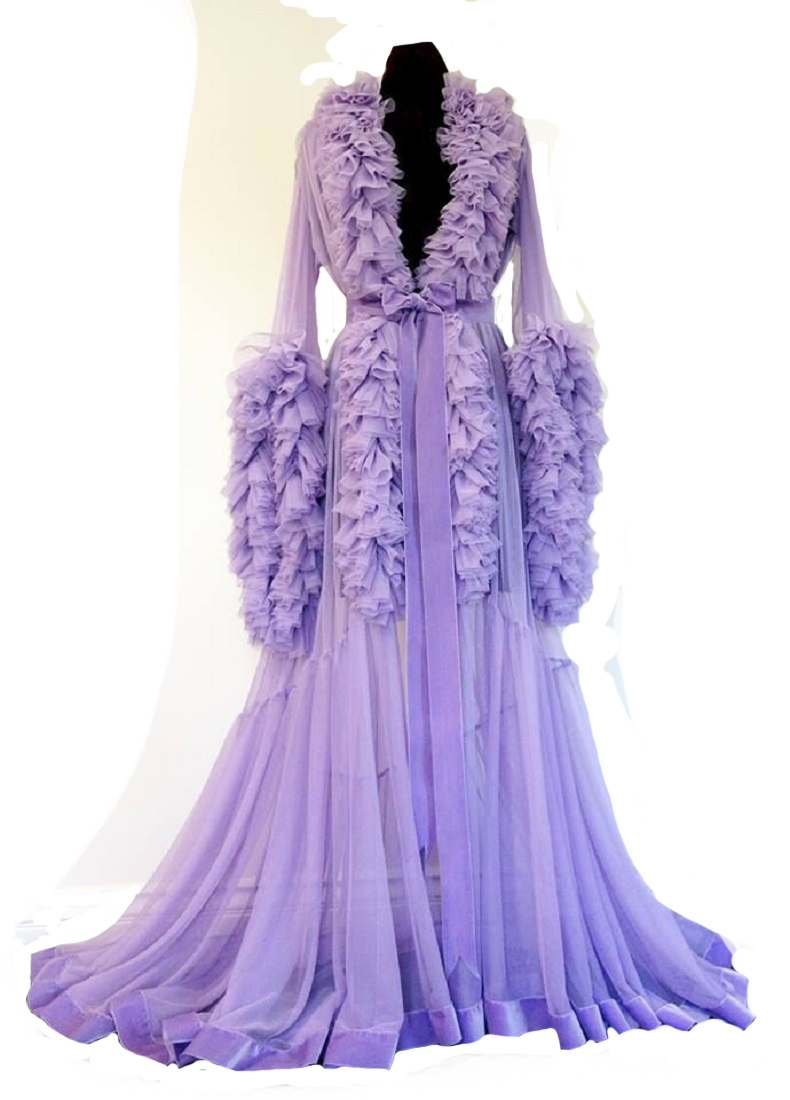 hot sell purple wedding robes vneck long sleeves ruffle bow bathrobe formal sleepwear sweep train custom made night gowns for women