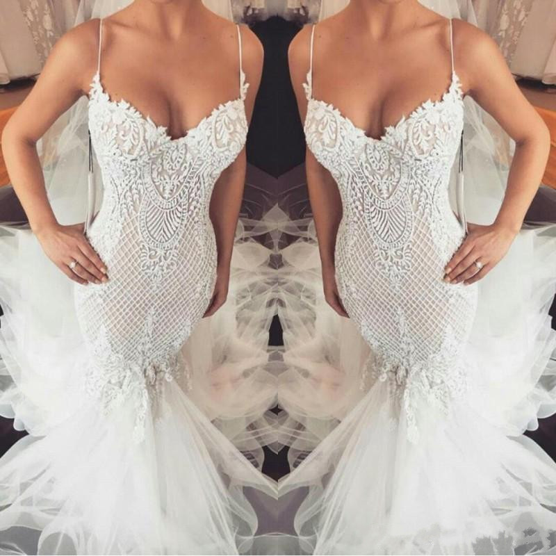 Spaghetti Wedding Dresses Mermaid Sleeveless Lace Tulle Sweep Train Applique Wedding Dress Vestido de novia Bridal Gowns