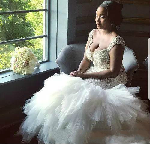 Shiny Luxury African Mermaid Wedding Dress Custom Cap Sleeves Major Beaded Wedding Dresses Tiered Ruffles Sweep Train Bridal Gowns Plus Size