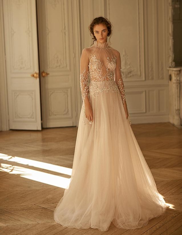 Liz Martinez Beading Wedding Dresses Sheer Long Sleeve High Neck Illusion Bridal Gowns Luxury Beads Sparkly A Line Beach Wedding Dress