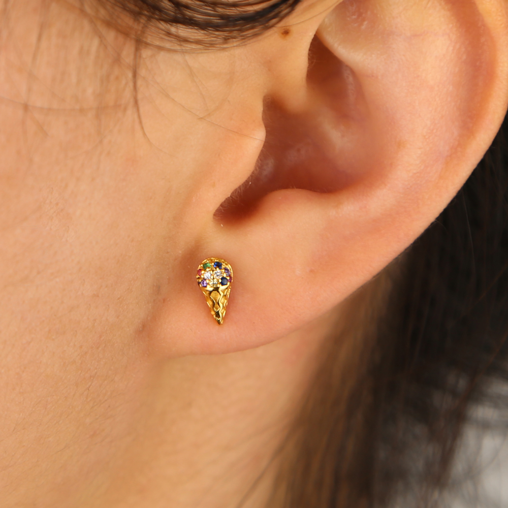 Gold silver plated 2024 summer new arrived rainbow cz iced cream stud earring for girl
