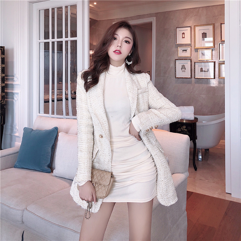 Runway 2019 ner Blazer Women's Double Breasted Metal Button Long Sleeve Notched Collar Jacket Wool Blends Tweed Blazer Coat CJ191201
