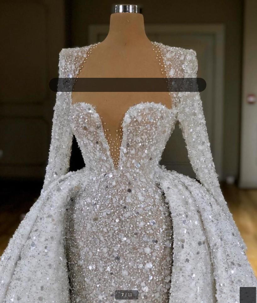 sweetheart plus size mermaid wedding dresses with detachable train sequin crystal beaded appliqued long sleeve bridal gowns