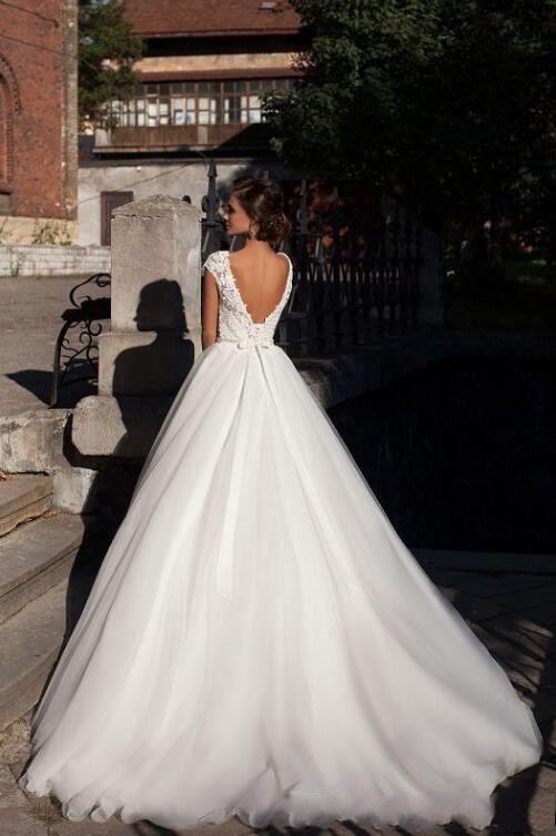 Simple Elegant Capped Sleeves Lace Wedding Dresses 2019 Summer Beach A Line Tulle Cheap Wedding Bridal Gowns Sexy Low Back