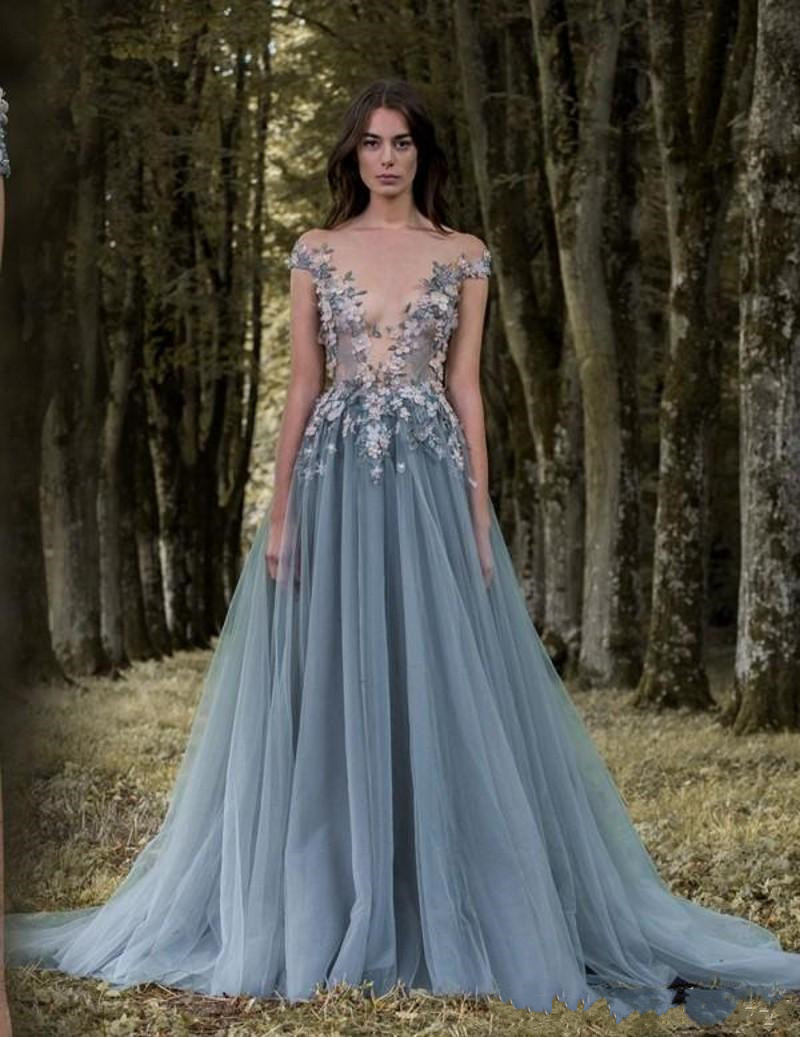 2019 New Sheer Plunging Neckline Appliqued Party Gowns Cheap Sweep Train Tulle Beads Evening Wear For Women Paolo Sebastian Lace Prom Dress
