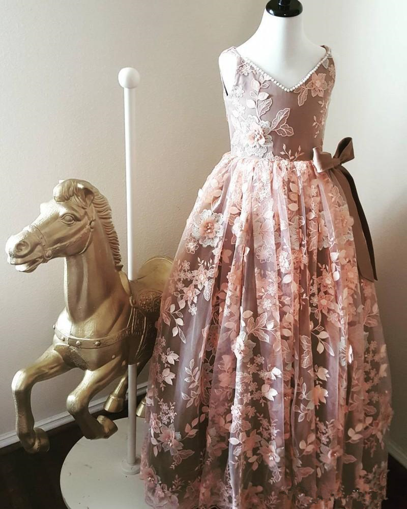 princess flowers girls dresses pearls lace appliques kids toddlers pageant gowns for wedding teens kids birthday party dress robes de fte