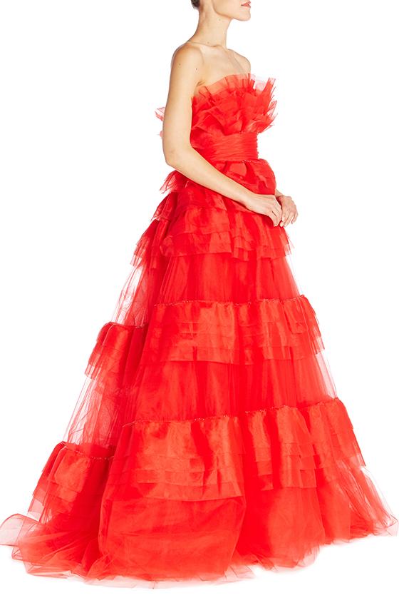 Monique Lhuillier Elegant Prom Dresses 2019 Strapless Tiered Ruffles A Line Tulle Formal Evening Dresses Long Party Gowns Custom Made