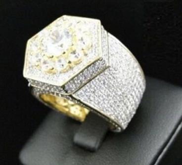 Whole Men039s Iced Out Cubic Zircon Bling Ring Gold Color Hexagon Full CZ Jewelry Micro Paved Iced Out Cubic Zircon Rings