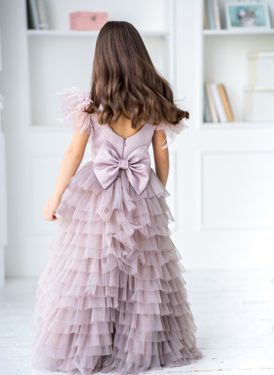 2020 High Low Flower Girl Dresses Kids Wedding Jewel Neck Feather Tiered Skirts Girls Pageant Dress A Line Custom Bow Birthday Party Gowns