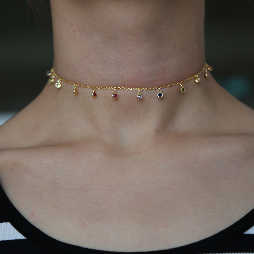 Wholesale-rainbow cz drop choker necklace for women 2018 gold plated vermeil tiny round dots statement necklaces