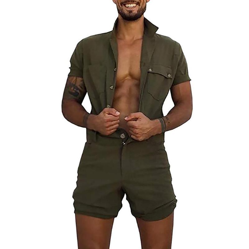 Men Overalls Casual Lapel Short Sleeve Rompers Solid Color Overall One-Piece Buttons Jumpsuit Pocket Summer Clothes Male Beach, Army green
Men Overalls Casual Lapel Short Sleeve Rompers Solid Color Overall One-Piece Buttons Jumpsuit Pocket Summer Clothes Male Beach, Army green