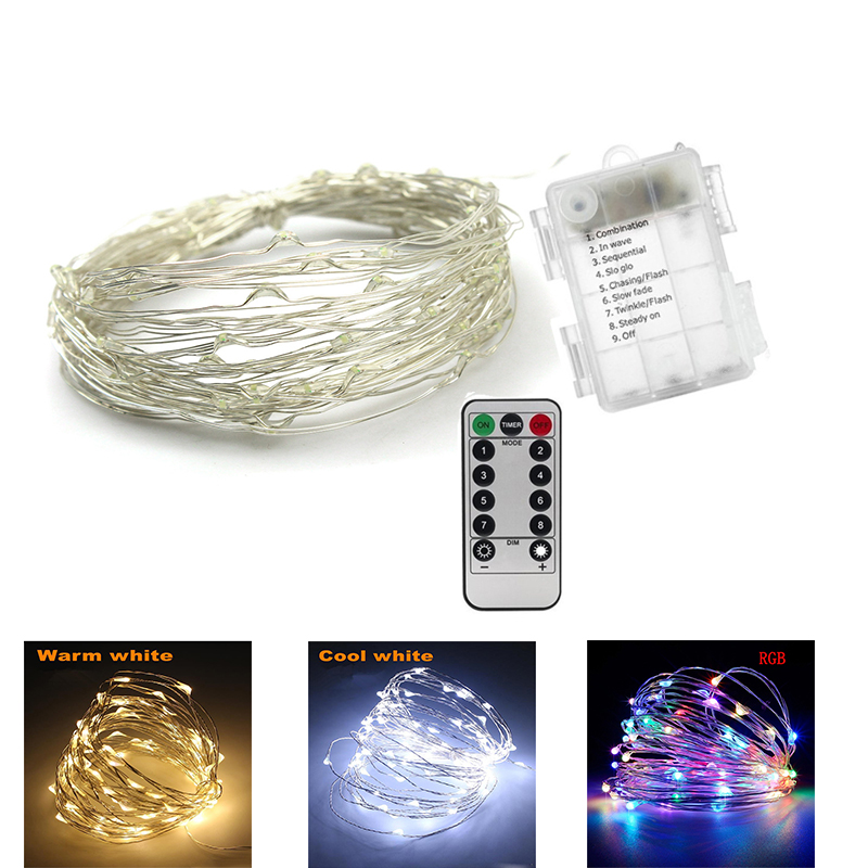 10M 33ft Silver Wire LED String Lights Fairy Garland Lamp Decorative Christmas With 8 Modes Remote Control Battery Powered