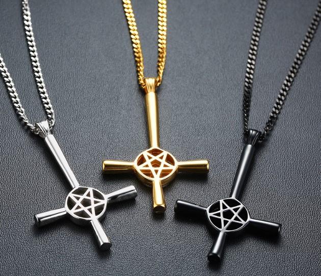 Daily Deals Choose silver gold black Stainless Steel Satan stand upside down Star Cross Pendant Mens Necklace Fashion jewelry 4mm24inch