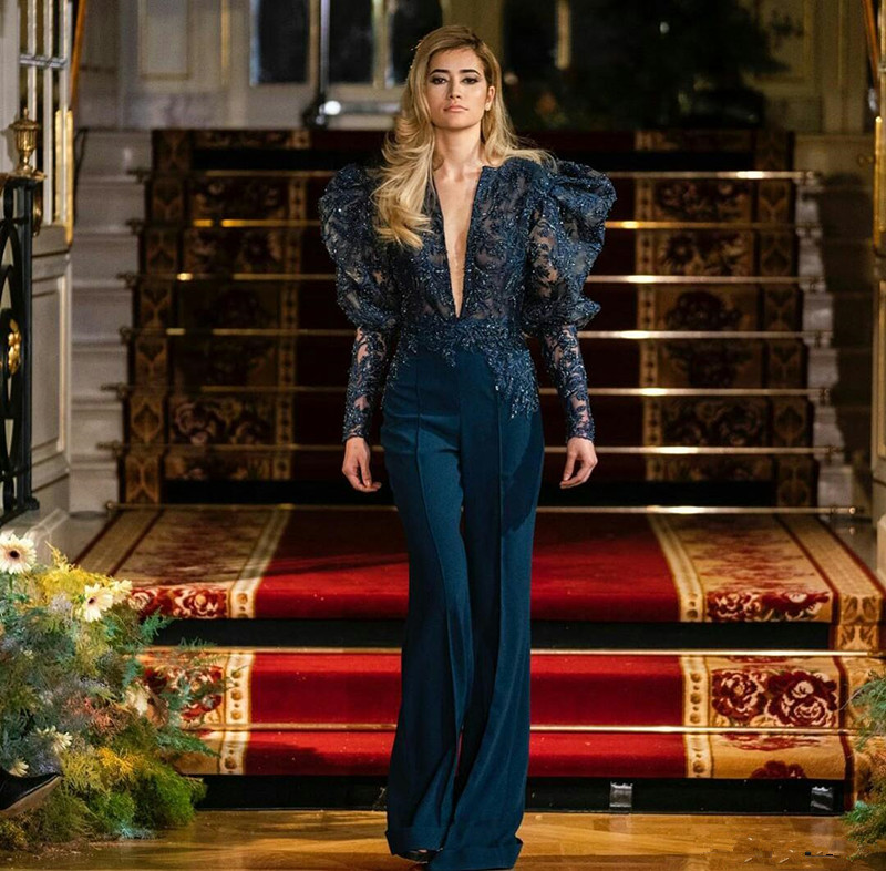 Navy Blue Evening Jumpsuit 2021 Sexy V-neck Puffy Long Sleeve Luxury Lace Applique Red Carpet Celebrity Prom Dress Pant Suit
