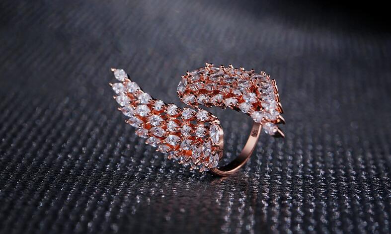 Victoria Wieck Classical Fashion jewelry 925 Sterling Silver&Rose Gold Marquise Cut White Topaz CZ Diamond Opening adjustable Feather Ring