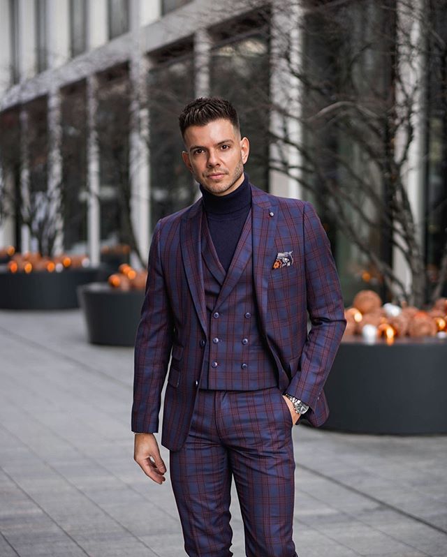 Classic Plaid Groom Wedding Tuxedos Men Groomsmen Suits Two Button Slim Fit Prom Party Dinner Blazer Jacket (Jacket+Vest+Pants)