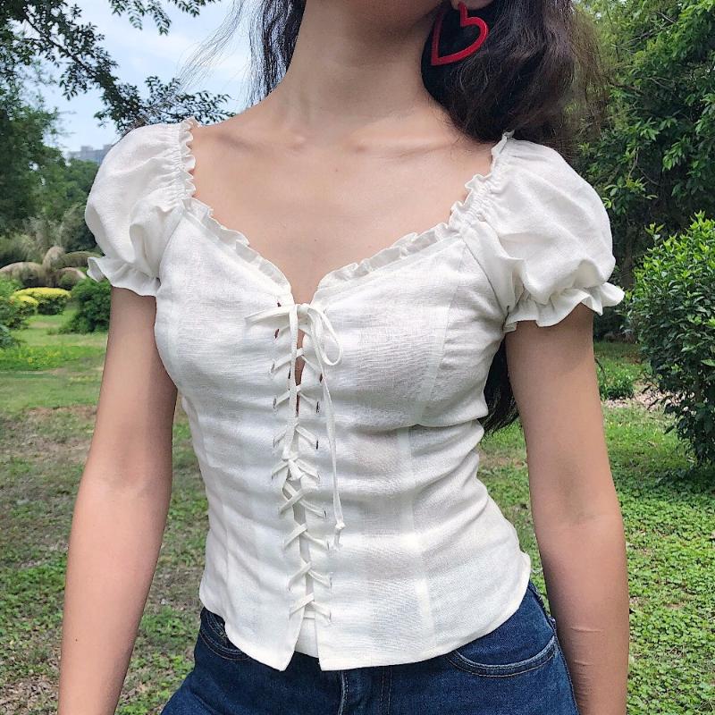 Women Chest strap Deep v Top shirt Short Sleeve with Perforated Lace up Puff Sleeve Short Blouse Women shirts tops, Black
Women Chest strap Deep v Top shirt Short Sleeve with Perforated Lace up Puff Sleeve Short Blouse Women shirts tops, Black