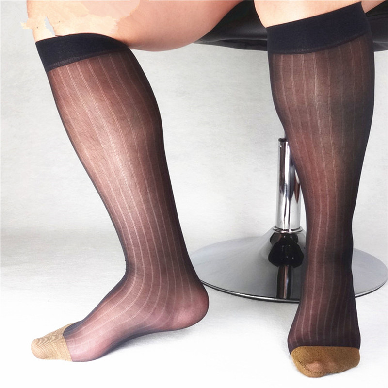 Striped Mesh Nylon Silk Socks For Men Business 1 Pair Soft Sheer Light Weight Formal Dress Suit Knee Length Long Socks