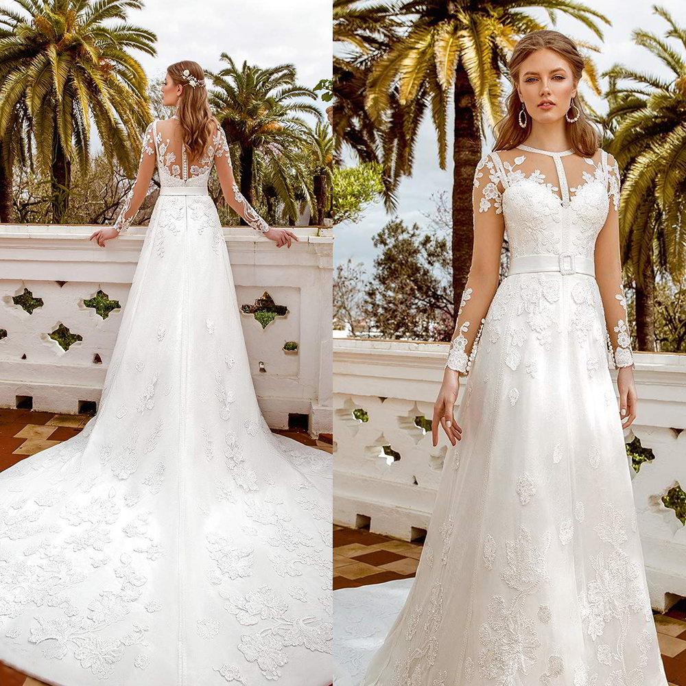2021 Elegant Wedding Dresses Jewel Long Sleeves Lace Appliques Bridal Gowns Custom Made Button Back Sweep Train A-Line Wedding Dress, Champagne
2021 Elegant Wedding Dresses Jewel Long Sleeves Lace Appliques Bridal Gowns Custom Made Button Back Sweep Train A-Line Wedding Dress, Champagne