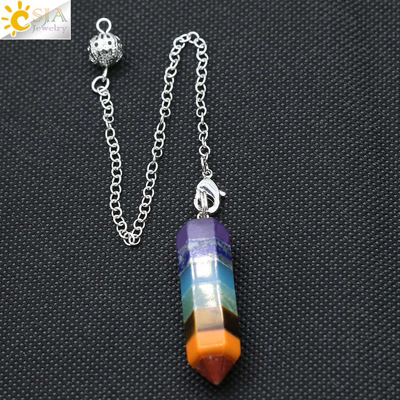 Hot Reiki Charm Pyramid 7 Colors Natural Gem Stone Rainbow Layered Dowsing Healing Point Pendant Chain Pendulum Gifts