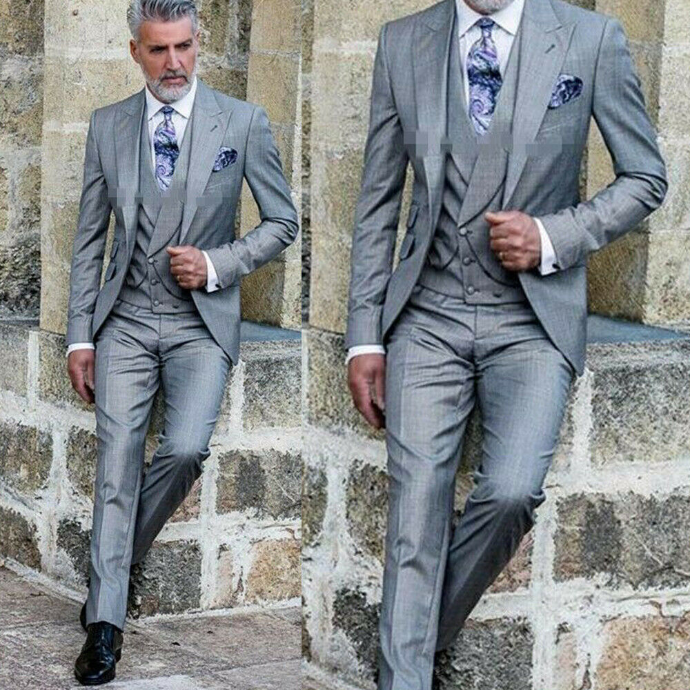 Gray Groom Wedding Tuxedos Men Groom Suits Peaked Lapel Slim Fit One Button Prom Party Dinner Blazer Jacket (Jacket+Vest+Pants)
