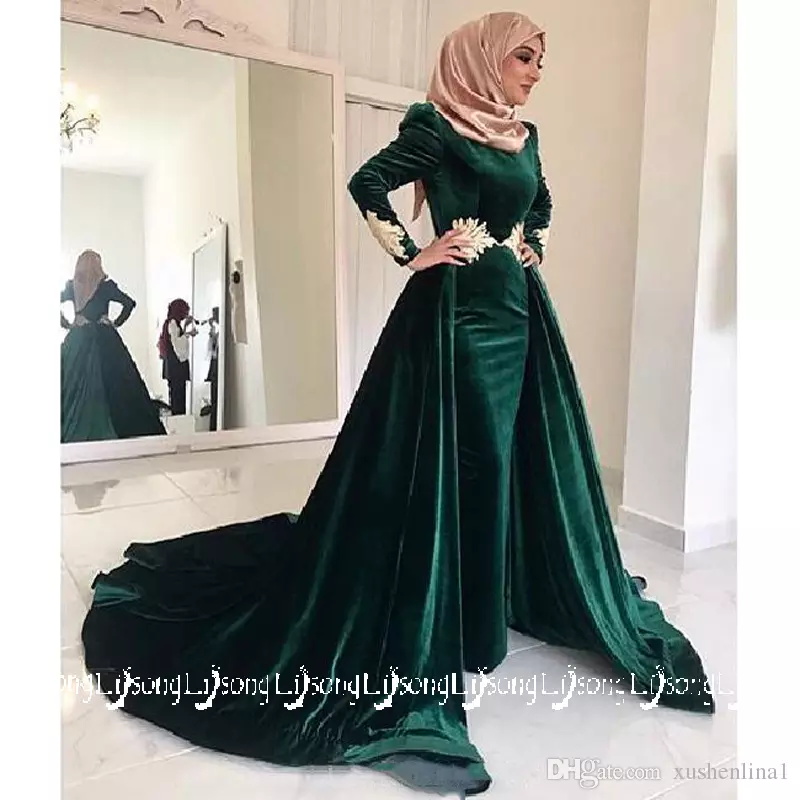 Green Mermaid Prom Dress With Detachable Overskirts Jewel Neck Velvet Long Sleeve Muslim Evening Dresses Formal Occasion Gowns