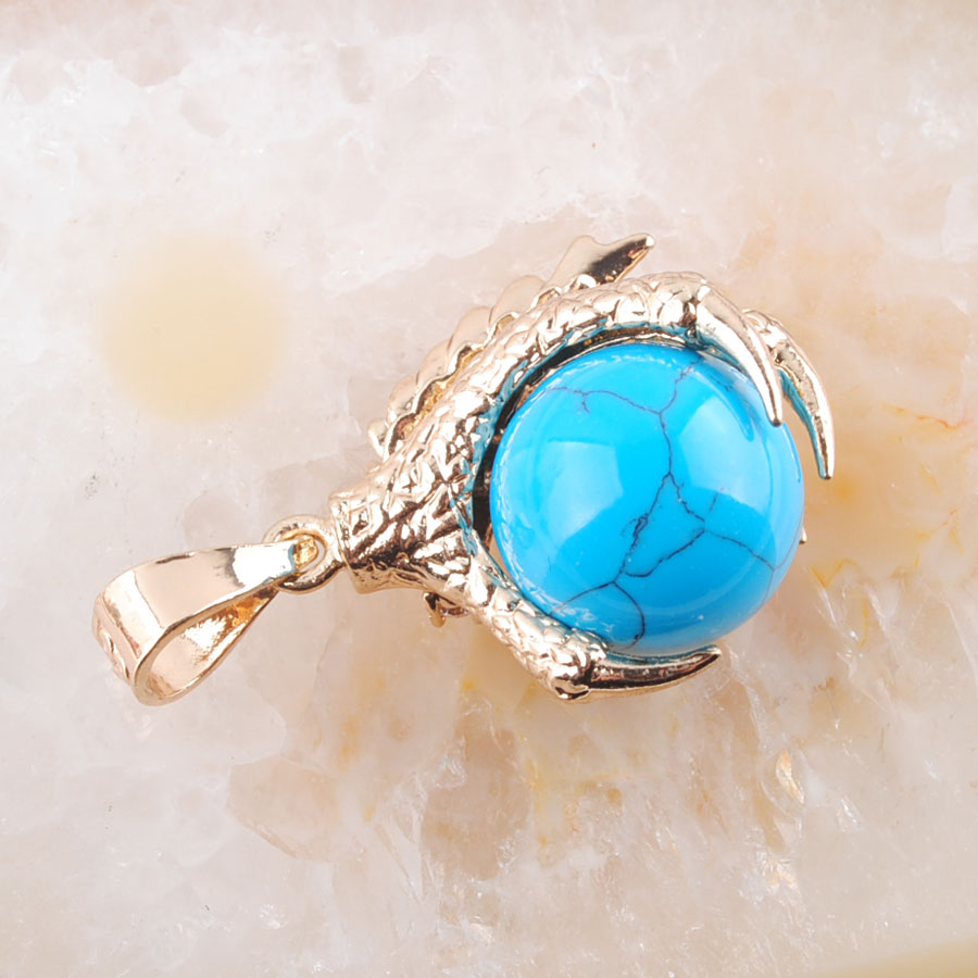 WOJIAER Natural Blue Turquoise Gem Stones Round Bead Pendant & Necklace Dragon Claw Gold Jewelry Chain 18 inches N3097