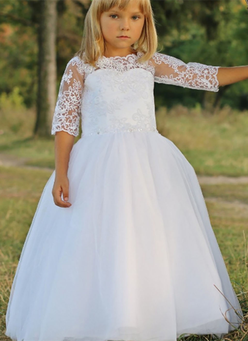 Fashion White Flower Girl Dress Half Sleeve Fluffy Birthday Gown For Beauty pageant Holy Communion Flower Girl Dress