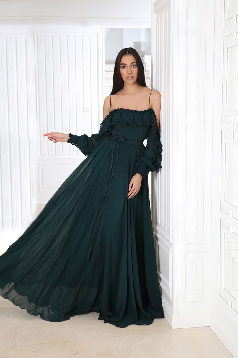 Blackish Green A Line Evening Dresses Chiffon Long Sleeve Spaghetti Prom Dress Floor Lenght Special Occasion Dresses