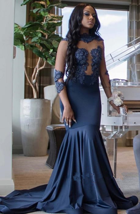 Saudi Arabic Mermaid Prom Dresses Navy Blue Lace Formal Evening Dresses Long Sleeves African Party Gowns Custom 2019