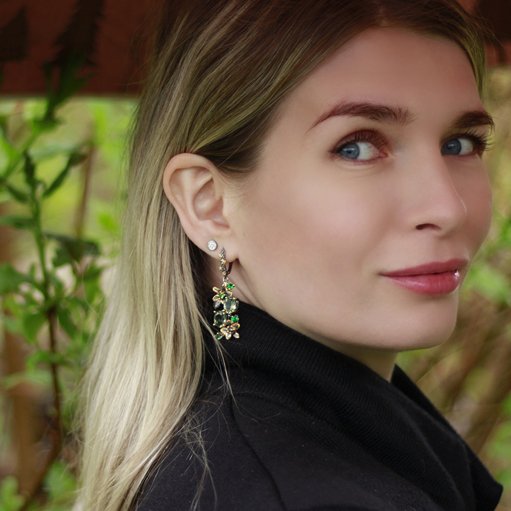 Fashion-Beautiful Dangle Earrings Light Oval Green Cubic Zirconia Stones Flower Leaf Jewellery Black Gold color Jewelry Drop earring