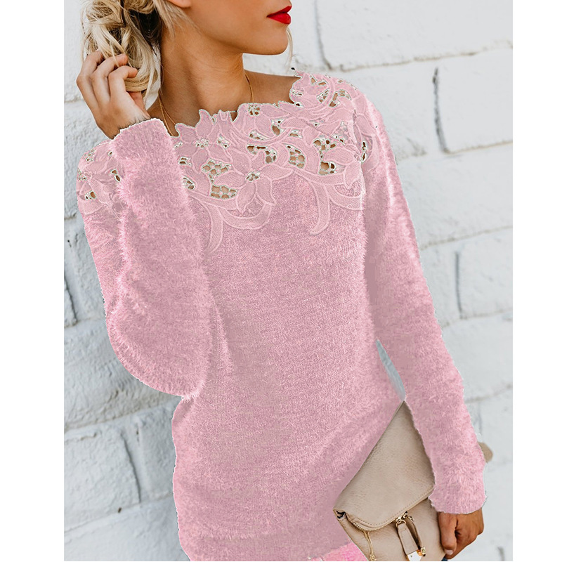 Spot 2021 hot European spring and autumn fashion solid color lace long-sleeved sweater support mixed batch