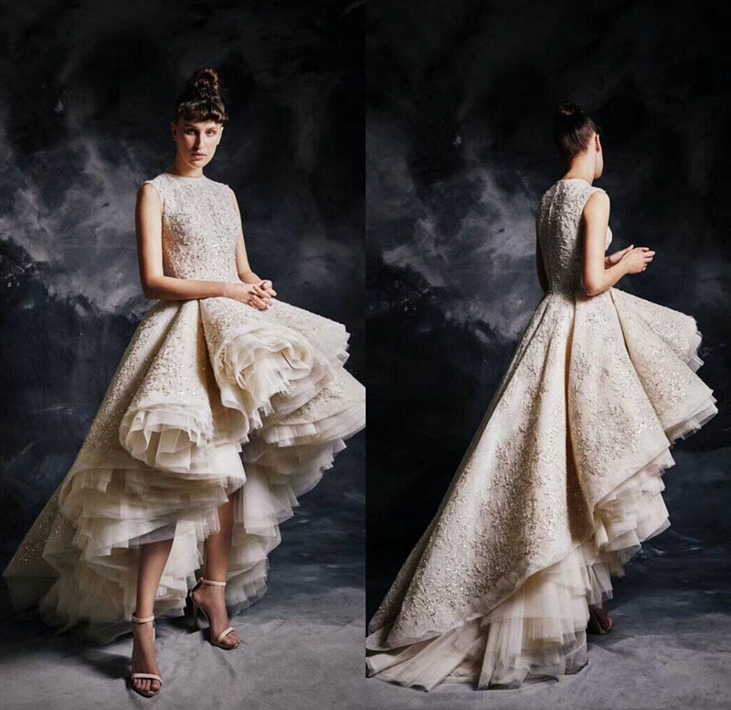 Champagne Ruffles High Low Prom Dresses 2020 Jewel Neck Luxury Lace Beaded Ashi Studio Arabic Dubai Evening Wear Gown Zuhair Murad