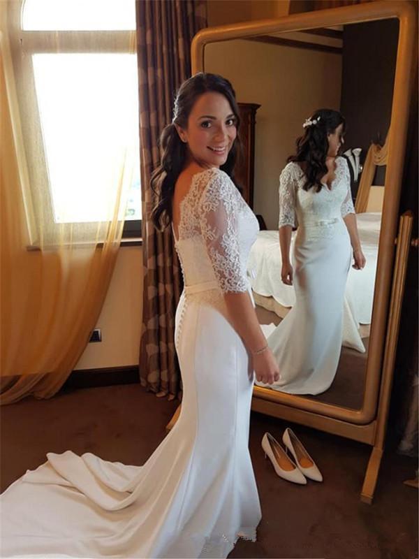 2020 Vintage Lace Wedding Dresses Mermaid V Neck Half Sleeve Garden Country Bride Bridal Gowns Custom Made Plus Size