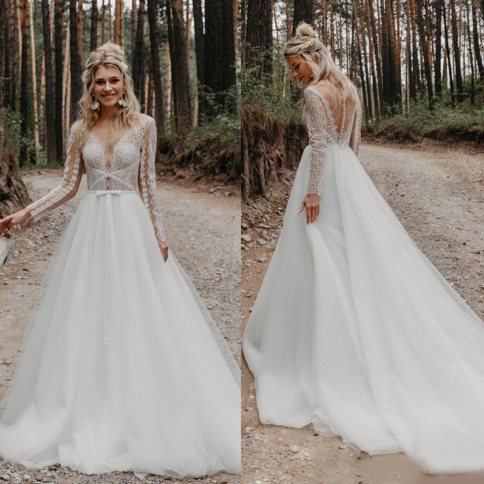 Bohemian Long Sleeve Wedding Dresses Deep V Neck A Line Appliqued Lace Boho Wedding Dress Sweep Train Plus Size Vestidos De Novia
