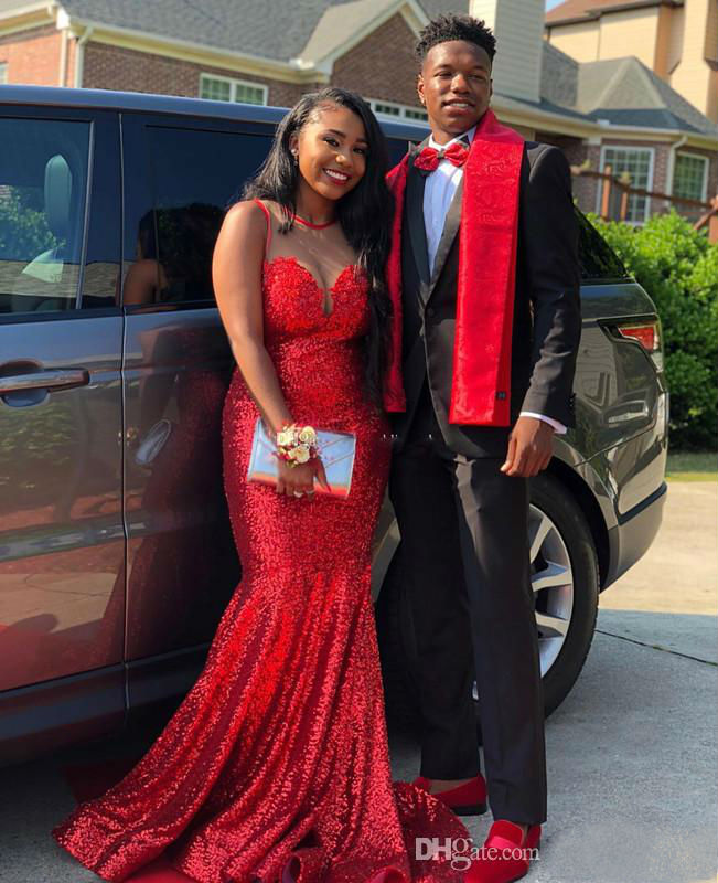 Sparkly Red Mermaid Prom Dresses Sheer Jewel Neck Ruffles Sweep Train Sequined Evening Gowns African Plus Size Bridesmaid Dresses