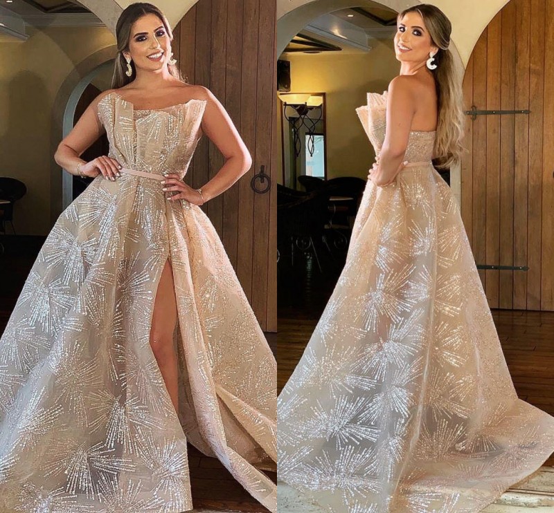 Shiny Prom Dresses Strapless Sequins Side Split Evening Dress Sweep Train Red Carpet Party Gowns Vestidos, Chocolate
Shiny Prom Dresses Strapless Sequins Side Split Evening Dress Sweep Train Red Carpet Party Gowns Vestidos, Chocolate
