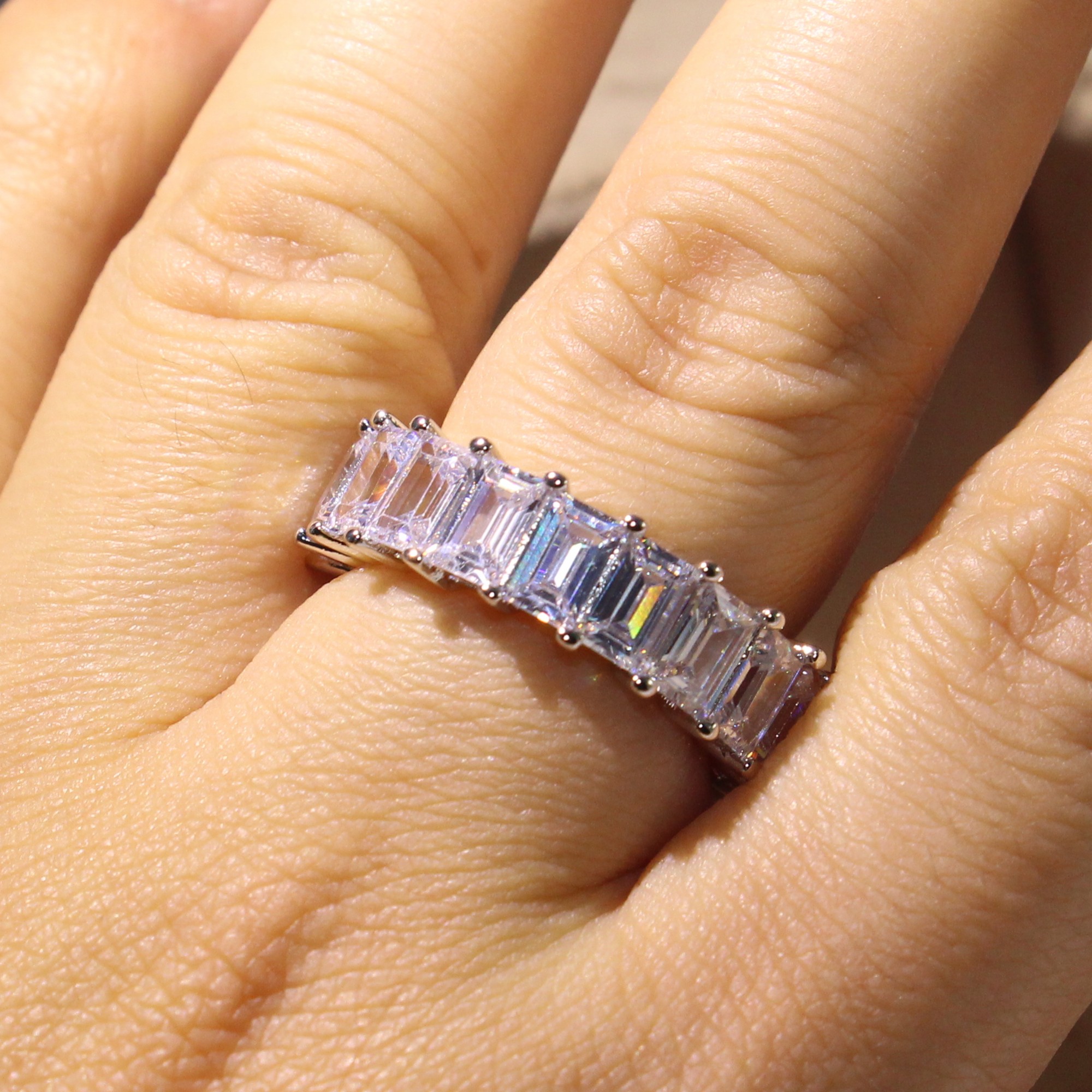 Top Selling Simple Fashion Jewelry 925 Sterling Silver Princess Cut Full White Topaz CZ Diamond Eternity Women Wedding Band Ring Gift