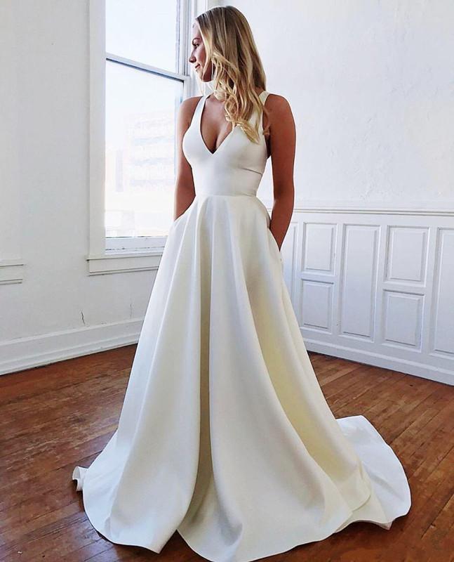 Simple Satin A Line Prom Dresses 2020 Backless With Bow Evening Gowns Deep V Neck Sleeveless Cheap Prom Dress