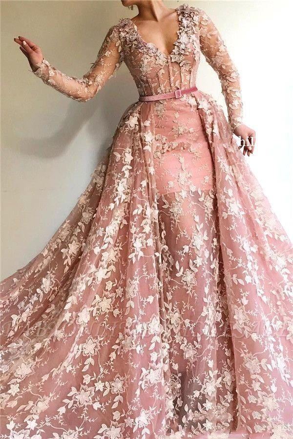 Arabic V Neck Prom Dresses with Detachable Train 2020 Lace Appliques Vintage Overskirt Evening Gowns Formal Party Dress