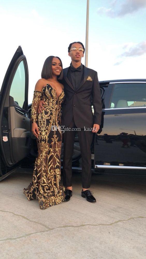 2019 Gold and Black Prom Dresses Sweetheart Sweep Train Long Sleeve Mermaid Evening Dress Appliqued Custom Made Arabic Special Occasion Gown