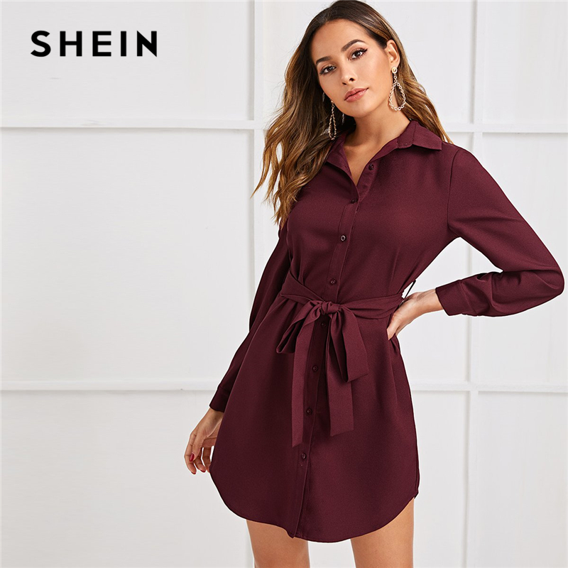 

SHEIN Curved Hem Button Front Belted Shirt Dress Women Autumn Loose Solid Long Sleeve Straight Short Casual Dresses, Army green