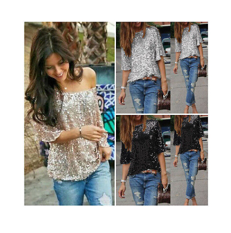 Fashion Women Summer Loose Top Half Sleeve Sparkle Glitter Blouse Ladies Casual Loose Sequined Pullover Tops Blouse Black Sliver