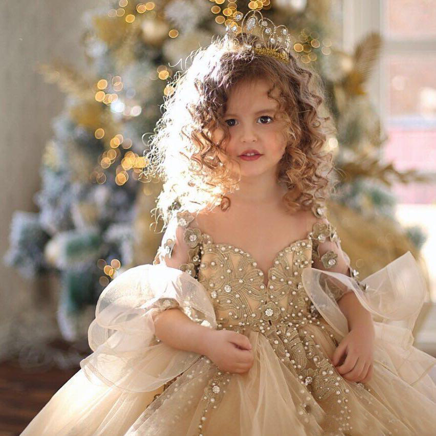princess gold girls pageant dresses lace applique beads long sleeve ball gown wer girl dress tulle first communion gowns263w